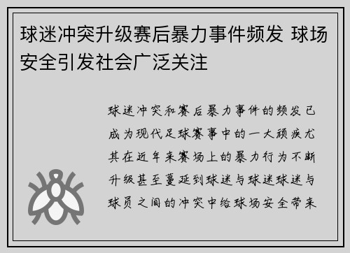 球迷冲突升级赛后暴力事件频发 球场安全引发社会广泛关注