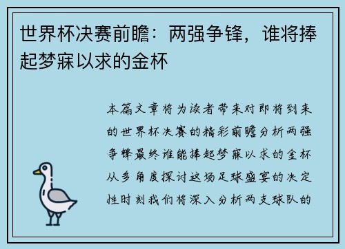 世界杯决赛前瞻：两强争锋，谁将捧起梦寐以求的金杯