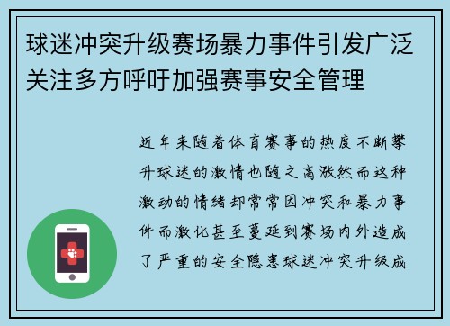 球迷冲突升级赛场暴力事件引发广泛关注多方呼吁加强赛事安全管理
